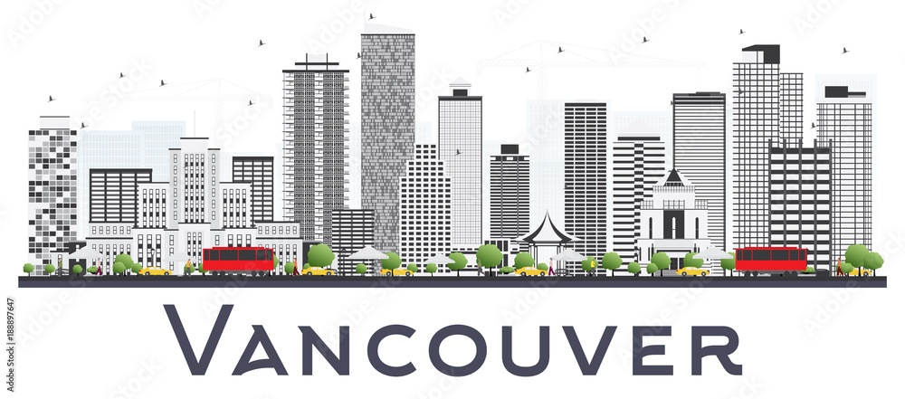 Vancouver Canada City Skyline with Gray Buildings Isolated on White Background.