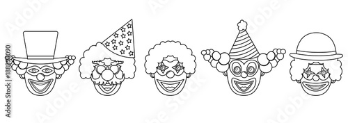 Heads of clowns colorless, set. Vector illustration.
