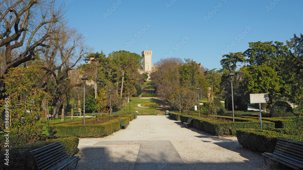 Este, Padova, Italy. The ruins of the Carrarese castle and its public park