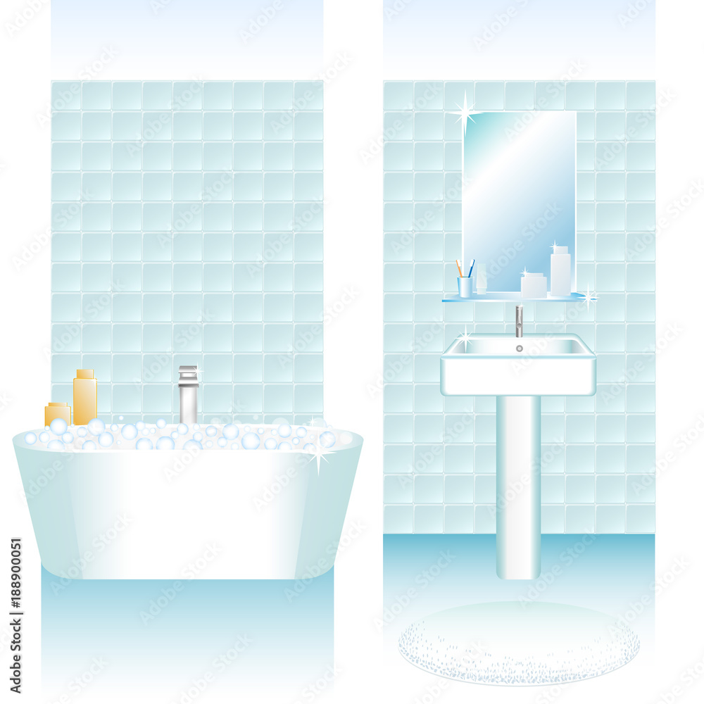 Bathroom interiors set with bathtube and wash sink. Walls with tiles. Blue  and white colors. Vector illustration isolated on white background, 3d  cartoon style Stock Vector | Adobe Stock