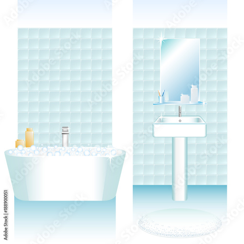Bathroom interiors set with bathtube and wash sink. Walls with tiles. Blue and white colors. Vector illustration isolated on white background, 3d cartoon style