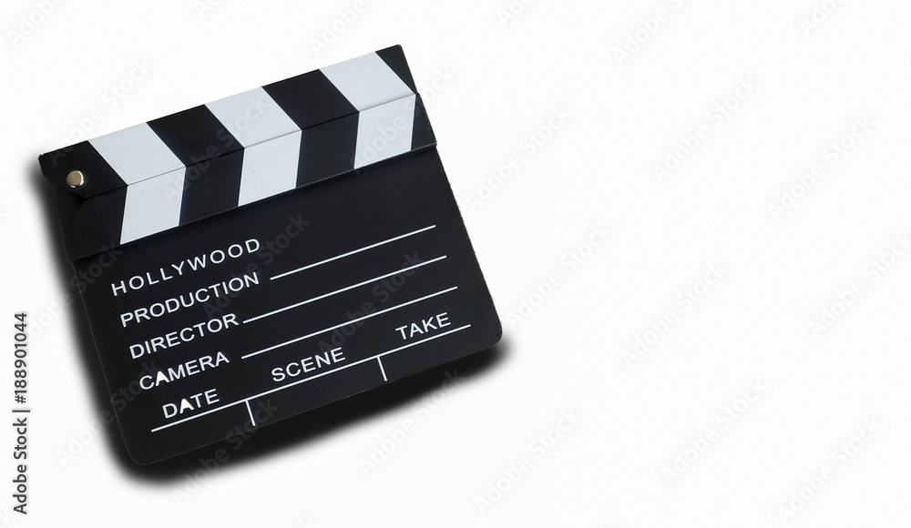 Naklejka premium Top view of Movie clapper or slate film on white background, cinema concept.