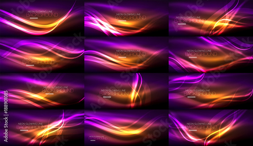 Set of neon smooth light glowing waves in the dark, abstract backgrounds