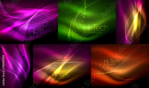 Set of elegant flowing neon waves, digital abstract backgrounds
