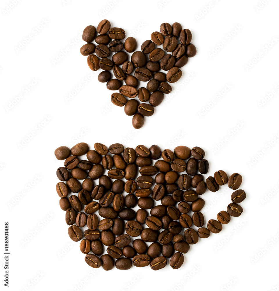 Obraz premium Coffee beans laid in the form of cups and hearts on a white background. .