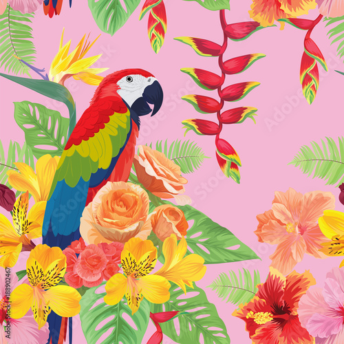 Tropical seamless pattern with macaw and colorful flower, hibiscus, bird of paradise on pink background. Vector set of exotic tropical garden for wedding invitations, greeting card fashion design. © mamsizz