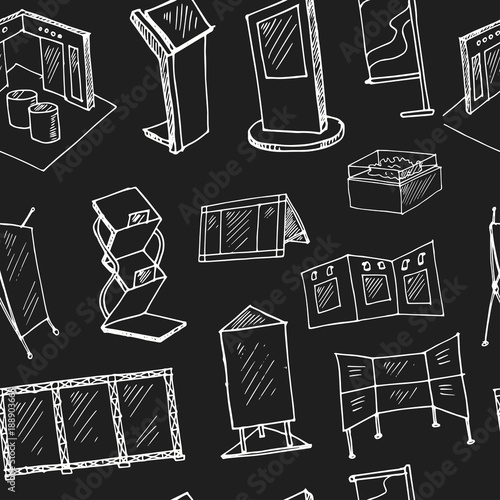 Hand drawn doodle advertising exhibition banner stands seamless pattern