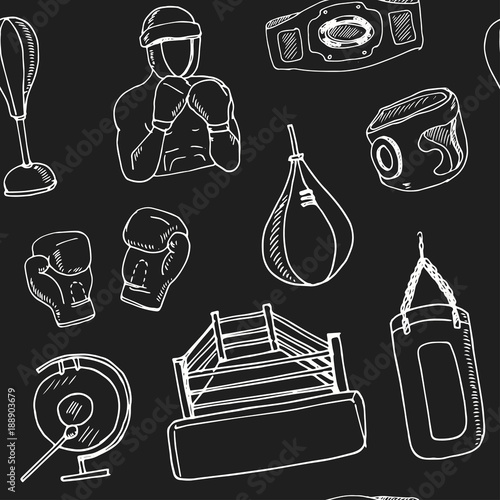 Hand drawn doodle boxing seamless pattern