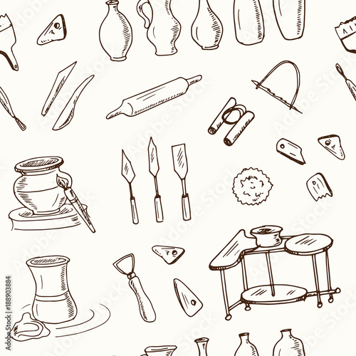 Hand drawn doodle ceramic classes seamless pattern