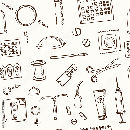 Hand drawn doodle contraceptive seamless pattern