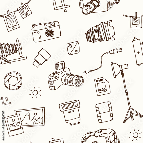 Hand drawn doodle photography seamless pattern