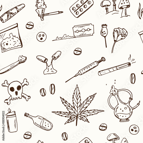 Hand drawn doodle drug addiction seamless pattern