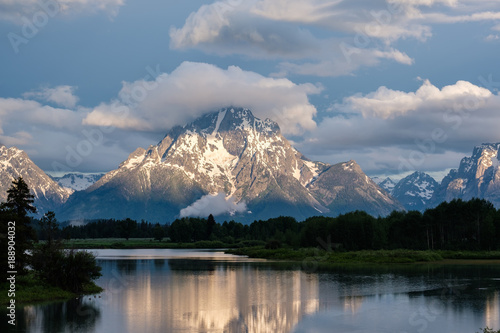 Mountains in Grand Teton National Park at morning. Oxbow Bend on the Snake River.