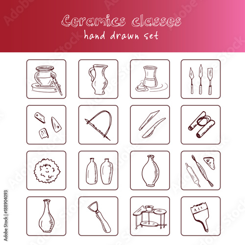 Hand drawn doodle ceramic classes set.