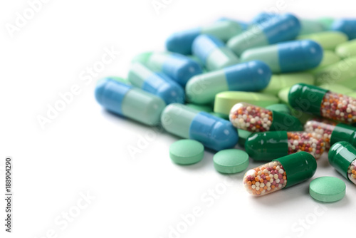 Pharmacy theme. Multicolored Isolated Pills and Capsules