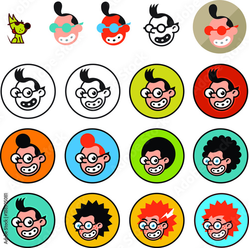 Cartoon characters geeks in a flat style. Vector image isolated on white background. Comics logo of the company. Avatar, icons of characters for print and site. Geek characters for the company.