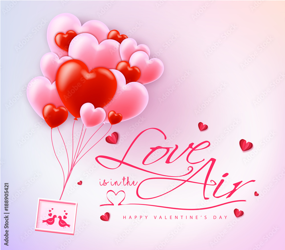 Love is in the Air Happy Valentines Day Typography Message with Red and Pink Balloon Hearts. Vector Illustration.
