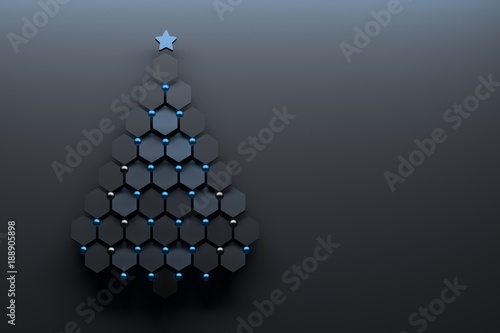 Christmas tree made of hexagons with blue decorative spheres and a star. 3d illustration.