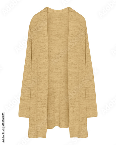 Classic beige cardigan long unbuttoned sweater isolated on white photo