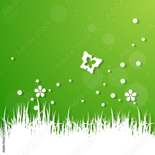 spring background with a grass  flowers and a butterfly