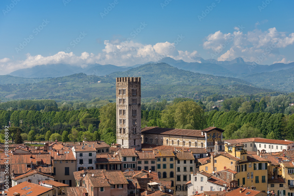 Aerial view of Lucca with the Basilica of San Frediano. Tuscany, Italy, Europe