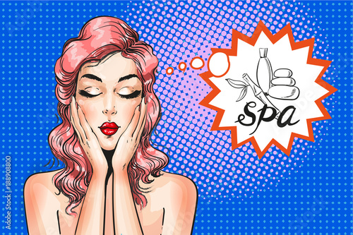Vector pop art woman dreaming about spa, comic book style