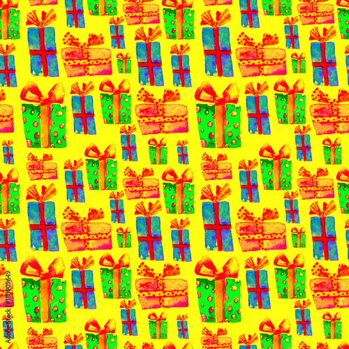 Seamless Pattern with Hand Drawn Watercolor Gifts with Bow. Christmas Background. Party or Birthday Design. Repeatable New Year Pattern. Can be used For Textile Print, Packaging, Wallpaper, Wrapper.