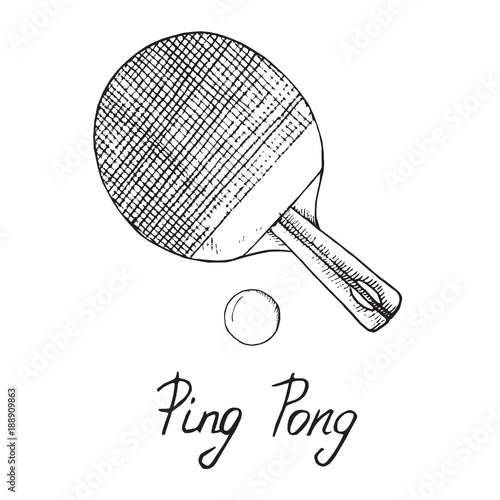 Ping pong paddle and ball, hand drawn doodle sketch with inscription, isolated vector outline illustration