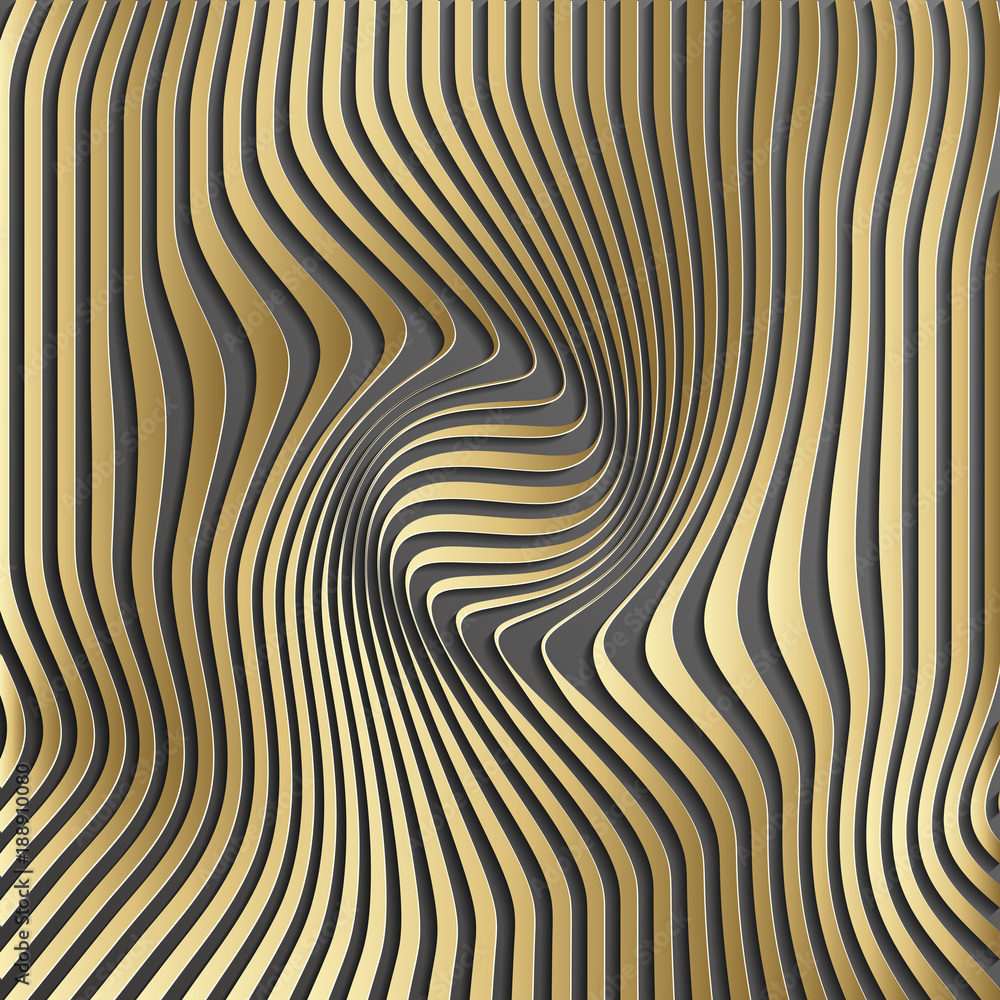 Gold abstract stripe pattern background.Optical illusion, twisted lines, abstract curves background. The illusion of depth and perspective.Abstract 3d vector illustration. Eps 10.