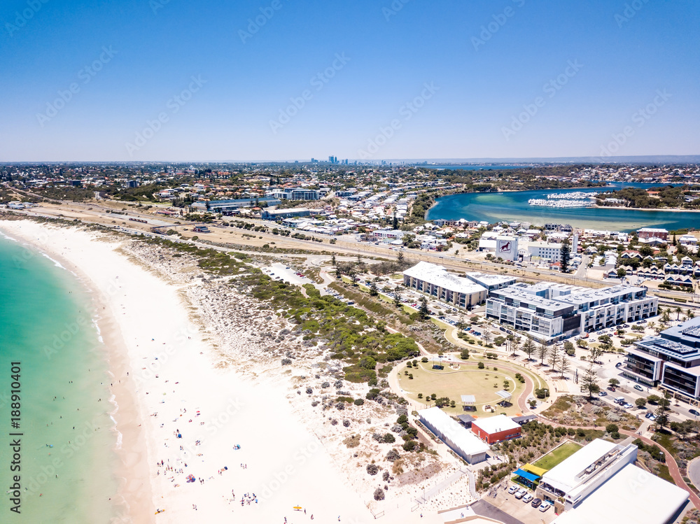 Aerial photograph over Leighton Beach, North Fremantle, Western Australia,  Australia. Perth City is visible on the horizon.