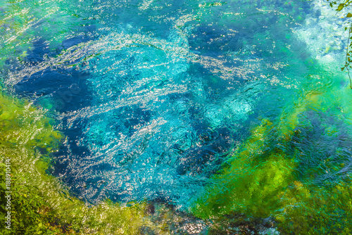 Detail of blue eye spring pot "Syri i Kalter" - the water spring and natural phenomenon is a popular tourist attraction, Albania, Europe