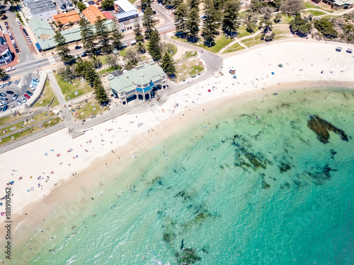 Aerial photograph over a busy Cottesloe Beach, Perth, Western Australia, on a clear summer afternoon.  © beau