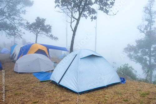 Tent camping at campsite dry meadow on peak mountain with foggy