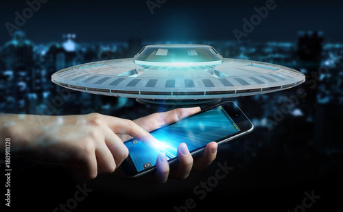 Fototapeta Naklejka Na Ścianę i Meble -  Businessman with retro UFO spaceship 3D rendering