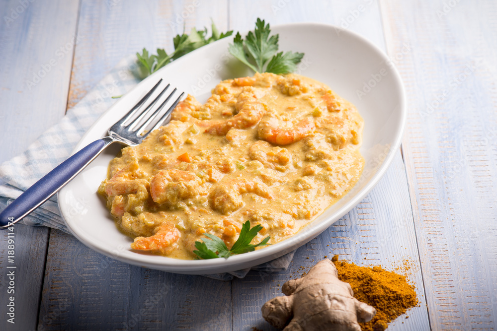 shrimp with curry ginger and coconut sauce, selective focus shrimp with curry ginger and coconut sauce, selective focus