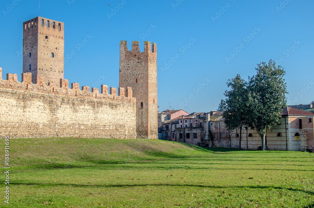 middle ages wall, view of the medieval walls of mantegnana, small traditional village in italy.