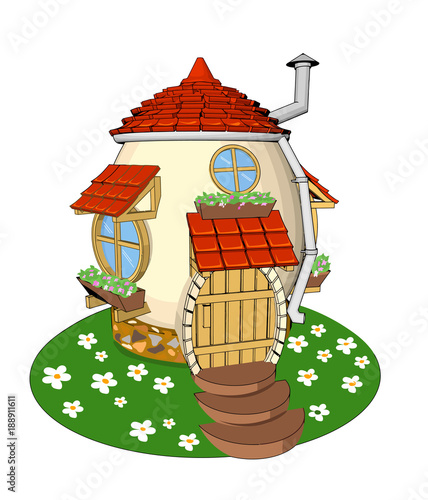 Easter card detail fairy house egg windows doors flower pots glade chamomile tile cartoon style white background isolate 