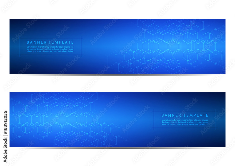 Technological and scientific banners with hexagonal molecule. Geometric abstract background. Science, technology or medical concept. Vector illustration. Technological and scientific banners with hexagonal molecule. Geometric abstract background. Science, technology or medical concept. Vector illustration.