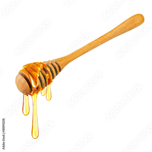 Honey dripping isolated on a white background, Dripped honey, Honey dipper