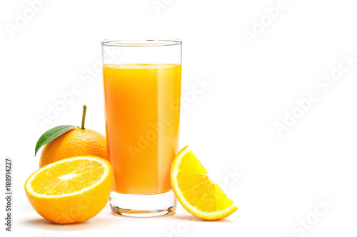 Glass of fresh orange juice isolate on white background, Fresh fruits Orange juice in glass with group of orange on white