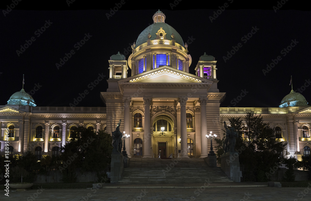Parliament of the Republic of Serbia in Belgrade at night