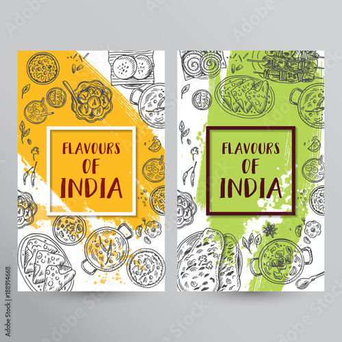 Indian food flyer design. Linear graphic. Vector illustration. Engraved style.