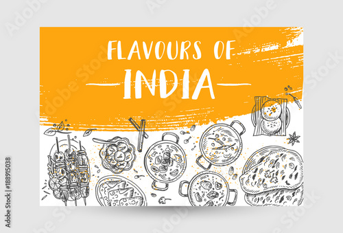 Indian food flyer design. Linear graphic. Vector illustration. Engraved style.