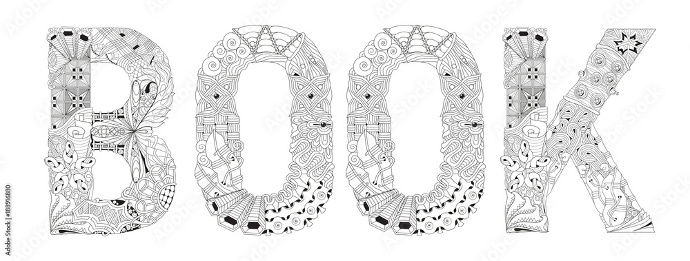 Word BOOK for coloring. Vector decorative zentangle object