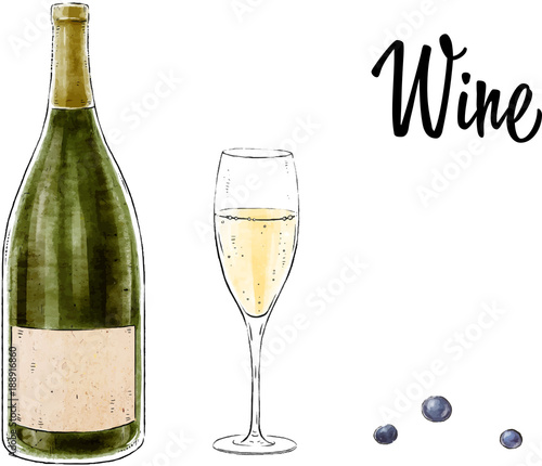 Bottle of wine with a glass isolated on white background. Vector illustration.