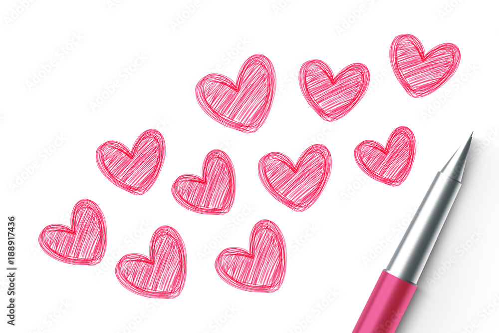 Vektorová grafika „Hearts love couple symbol hand drawing by pen sketch  pink color, valentine concept design illustration isolated on white  background, with copy space“ ze služby Stock | Adobe Stock