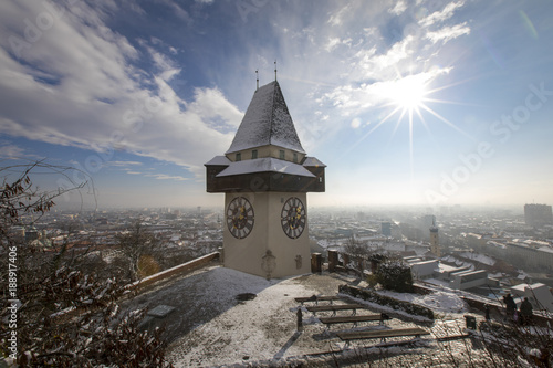 clocktower named grazer uhrturm on the schlossberg hill, graz,styria,austria