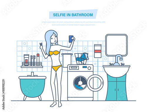 Beautiful sexy girl in swimsuit doing selfie in the bathroom.