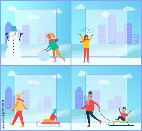 Snowman and Woman Wintertime Vector Illustration