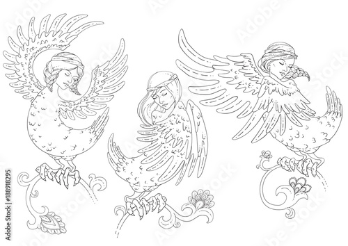 Sirin Bird set. Mythological bird. Russian folklore.